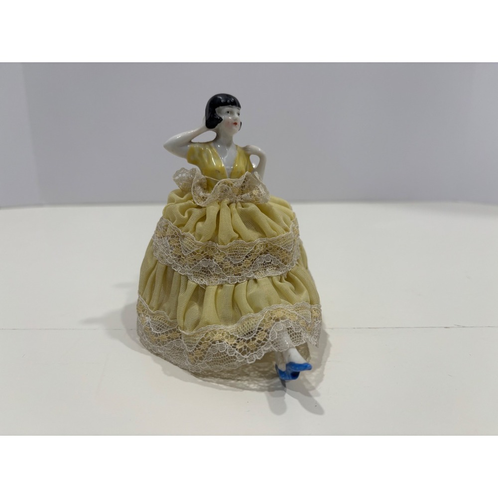 Vintage Porcelain Flapper Half Doll Pin Cushion Yellow Lace Dress 4.25 Inch